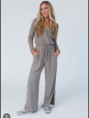 Three Bird Nest Dusty Blue Wrap-Front Jumpsuit No Tag Materials